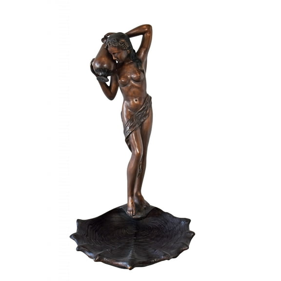 Lady Holds A Vase Standing on A Shell Bronze Fountain Size: 32" x 31" x 55"H