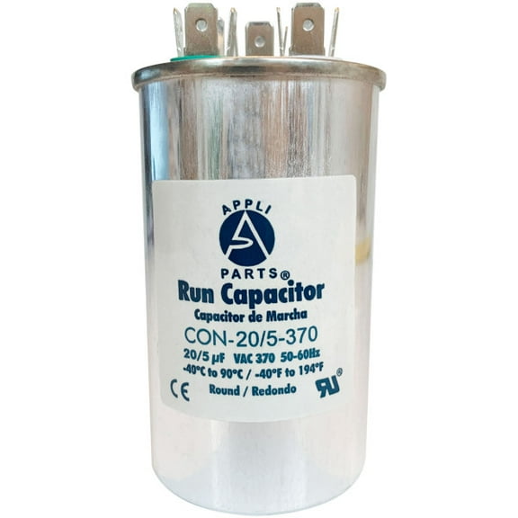 Appli Parts Dual Run Capacitor for ac 20 5 Mfd uF (microfarads) 370VAC CBB65 Round Universal fit for hvac and other applications 2 in Wide 3-3/4 in Height CON-15/5-370-R