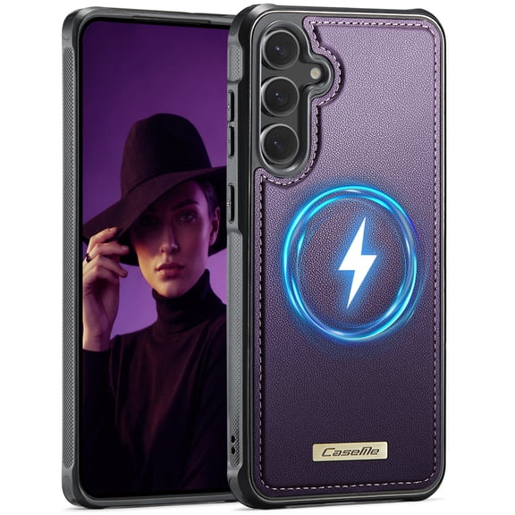 Magnetic For Samsung Galaxy S22 Plus Phone Case,Compatible with Wireless Charging,Anti-Scratch Retro PU Leather Back Design,Ultra Slim Shockproof Hybrid Protection,Durable Thin Phone Case,Purple