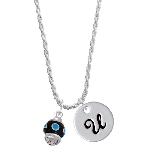 Delight Jewelry Silvertone Hot Blue Dots on Black Spinner Silvertone Script Initial Disc - U - Charm Necklace, 20"+3"