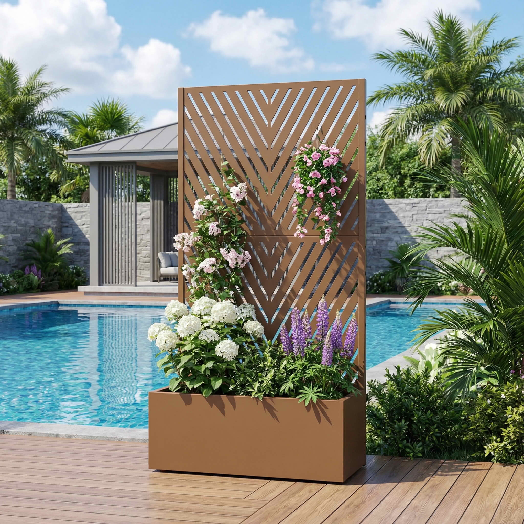 MAYEERTY 59X30" Metal Outdoor Brown Privacy Screen with Planter Box for Backyard & Garden, 2 Piece Set