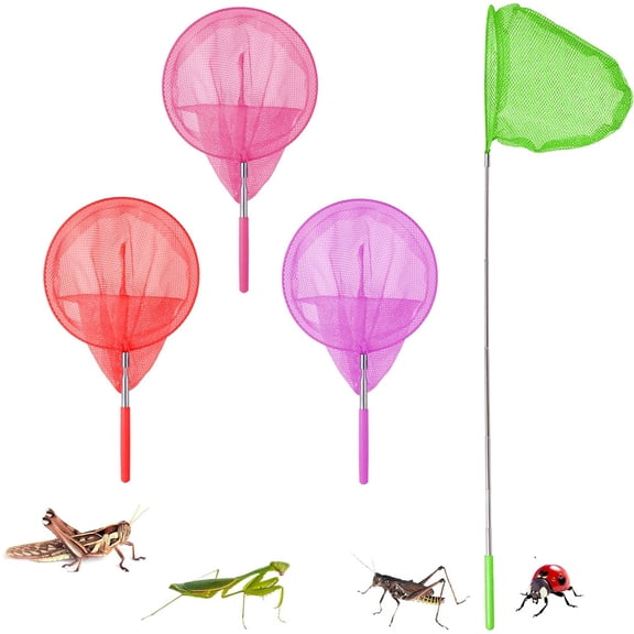 NOGIS 4 Pack Telescopic Butterfly Nets Catching Insects Bugs Fishing Nets Great Outdoor Tools for Kids Playing - Extendable from 14.6" to 33.4", Green, Pink, Purple, Red