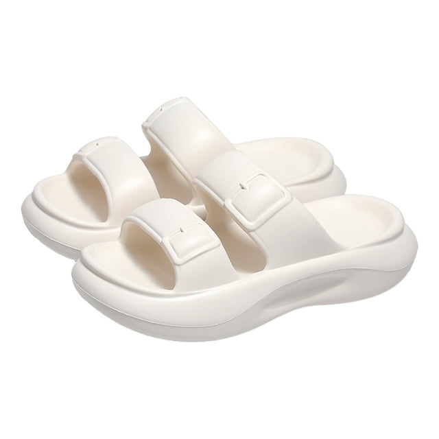 Womens Casual Slippers Large Size Solid Color Simplicity Double Strap Open Toe Platform Thick Bottom Quick Drying Lightweight Non-Slip Bathroom Shower EVA Slippers White-01