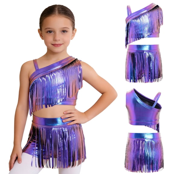 iiniim Girls Metallic Ballroom Latin Dance Dress Tassel Crop Top and Fringe Skirted Shorts 2 Piece Outfit Blue 6