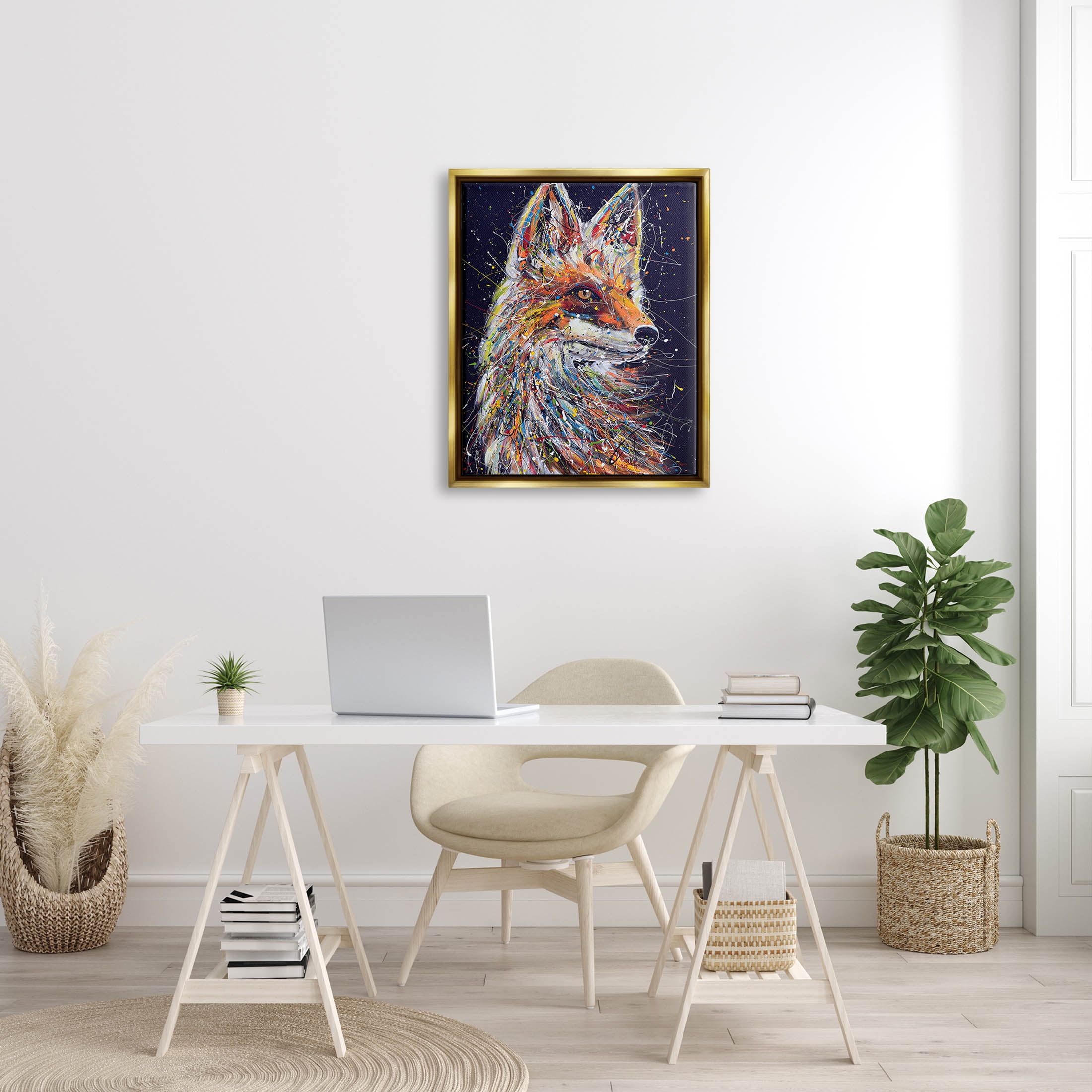 Contemporary Fox Urban Splatter Animals & Insects Painting Metallic Gold Framed Art Print Wall Art