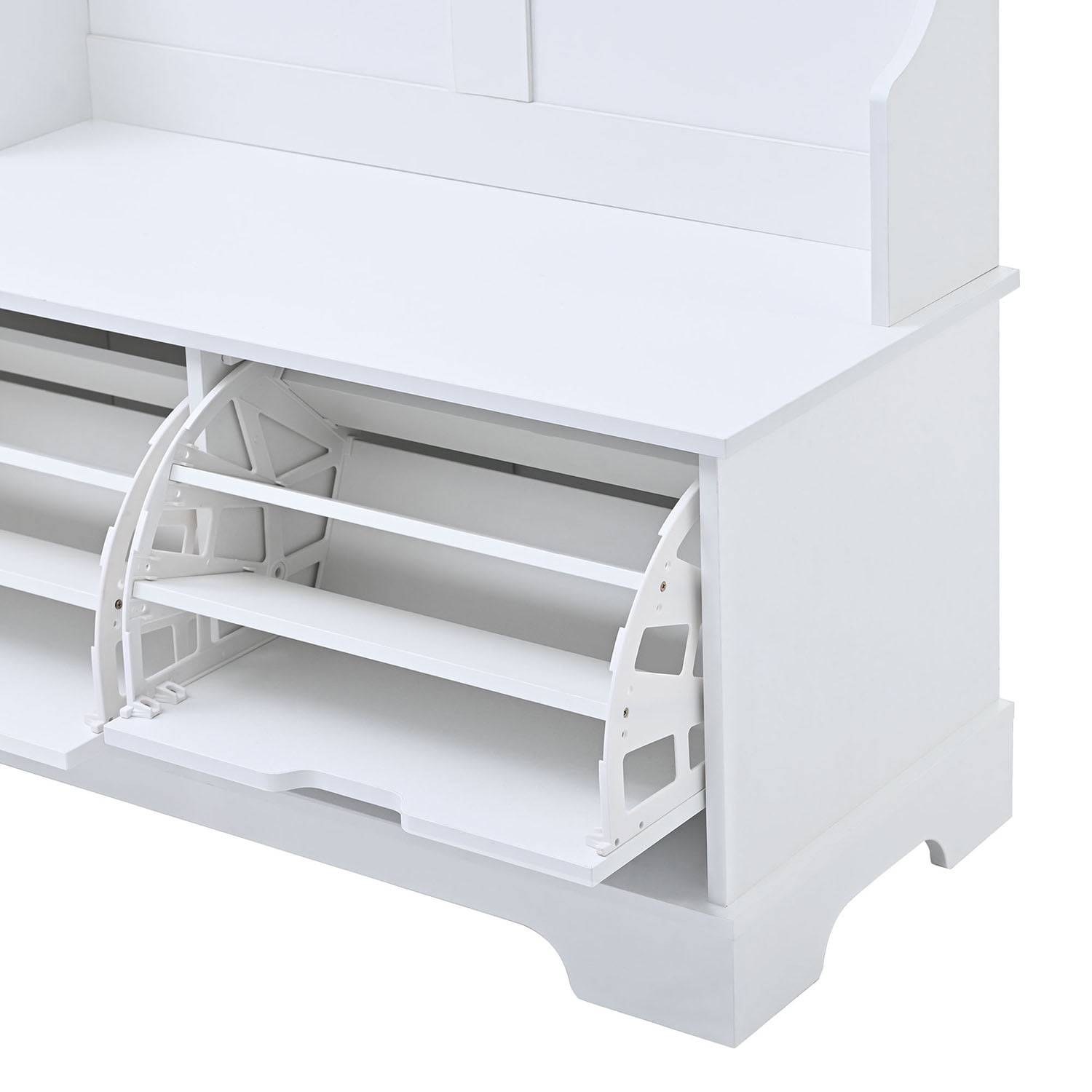 Kadyn All in One Hall Tree, Wide Hall Tree with 3 Top Shelves and 2 Flip Shoe Storage Drawers, Mudroom Hall Tree with Storage Bench and Metal Hanging Hooks, White