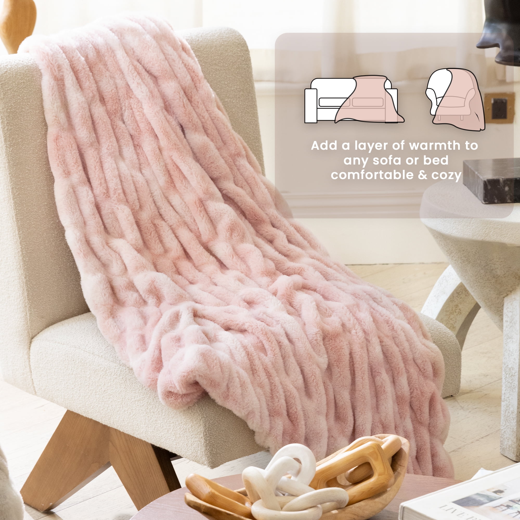 Blunique Faux Rabbit Fur Blankets and Throws Soft Cozy Throw Blanket Home Decor for Couch, Bed, Travel, 50x60 in,Pink