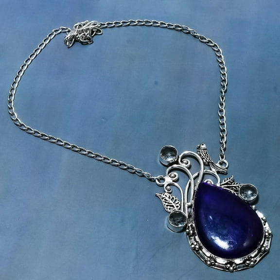 Natural Blue Labradorite, Iolite Gemstone 925 Sterling Silver Necklace 18"