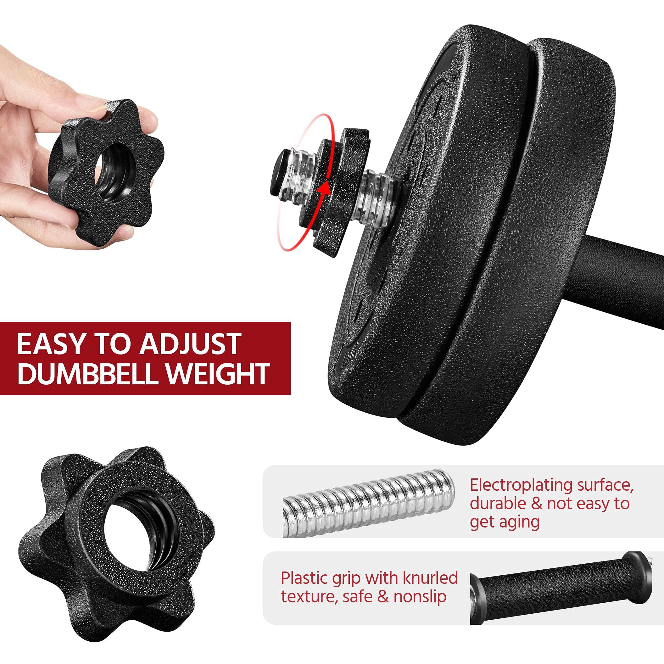 Adjustable dumbbell set for home gym, spinlock collars dumbbells for strength training, full body workout equipment for men and women, black