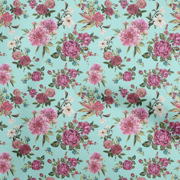 oneOone Cotton Cambric Aqua Blue Fabric Florals Fabric For Sewing Printed Craft Fabric By The Yard 42 Inch Wide