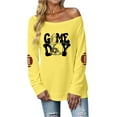 thumbnail image 2 of LEKDFST Womens Off The Shoulder Sweatshirt Cute Football Graphic Hoodies Long Sleeve Oversized Pullover Fall Tops Streetwear Yellow XXXL, 2 of 5