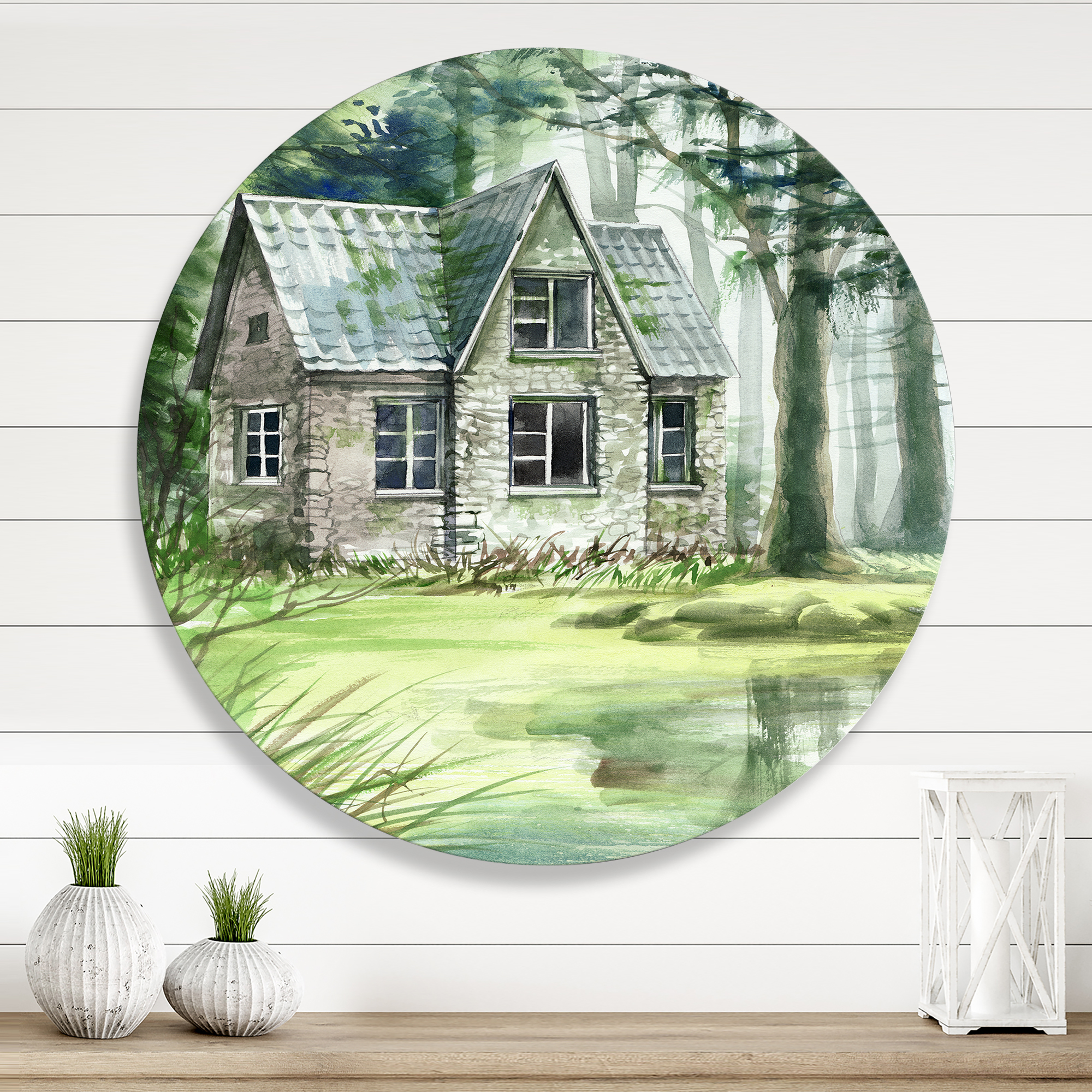 Designart 'Old Haunted House In The Pine Forest' Lake House Circle Metal Wall Art 23x23 - Disc of 23