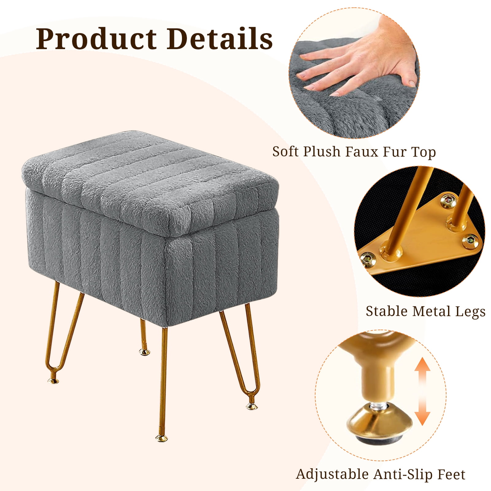Casabay Vanity Stool Chair with Storage, Faux Fur Footstool Ottoman with Metal Legs & Anti-Slip Adjustable Feet for Bedroom, Entryway