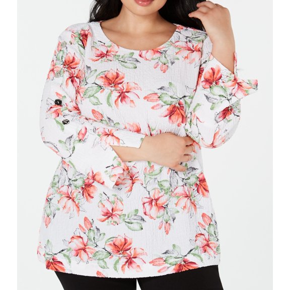 JM Collection Plus Size Textured Printed Button Sleeve Top Carolina Blooms 0X