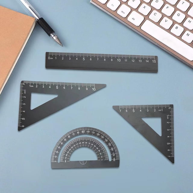 Aluminum Alloy 4-Piece Geometry Ruler Set for Students, Durable Drafting Tools with Straight Edge, Triangle Rulers and Protractor, Portable Exam and Drawing Kit in Storage Box