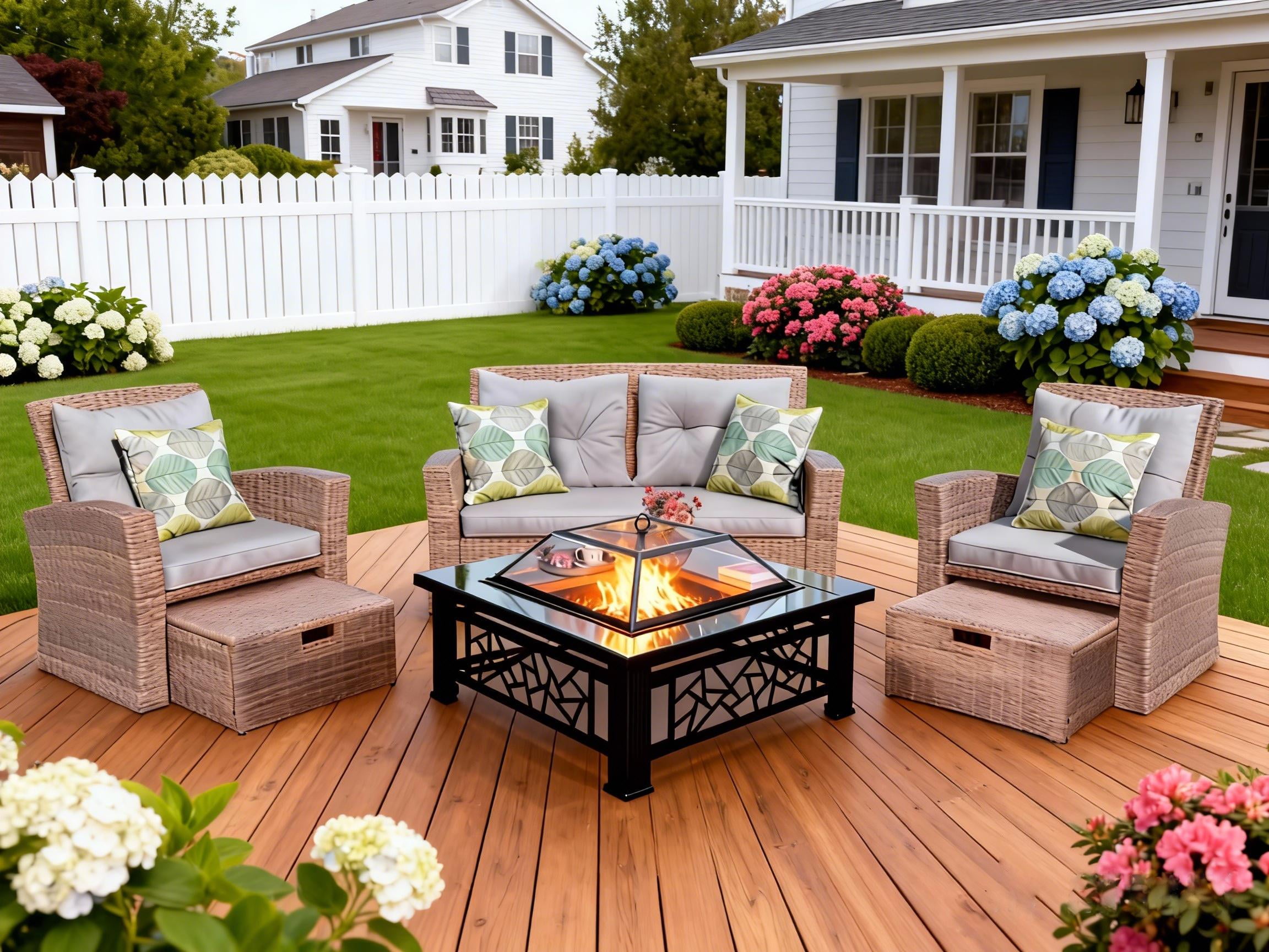 6-Piece Outdoor Patio Furniture Set,Multi-Functional 32-inch Outdoor Fire Pit,All-Weather PE Rattan Seating Setand, 4 Cushions,Suitable for Patios, Gardens, and Backyards ,Gray.