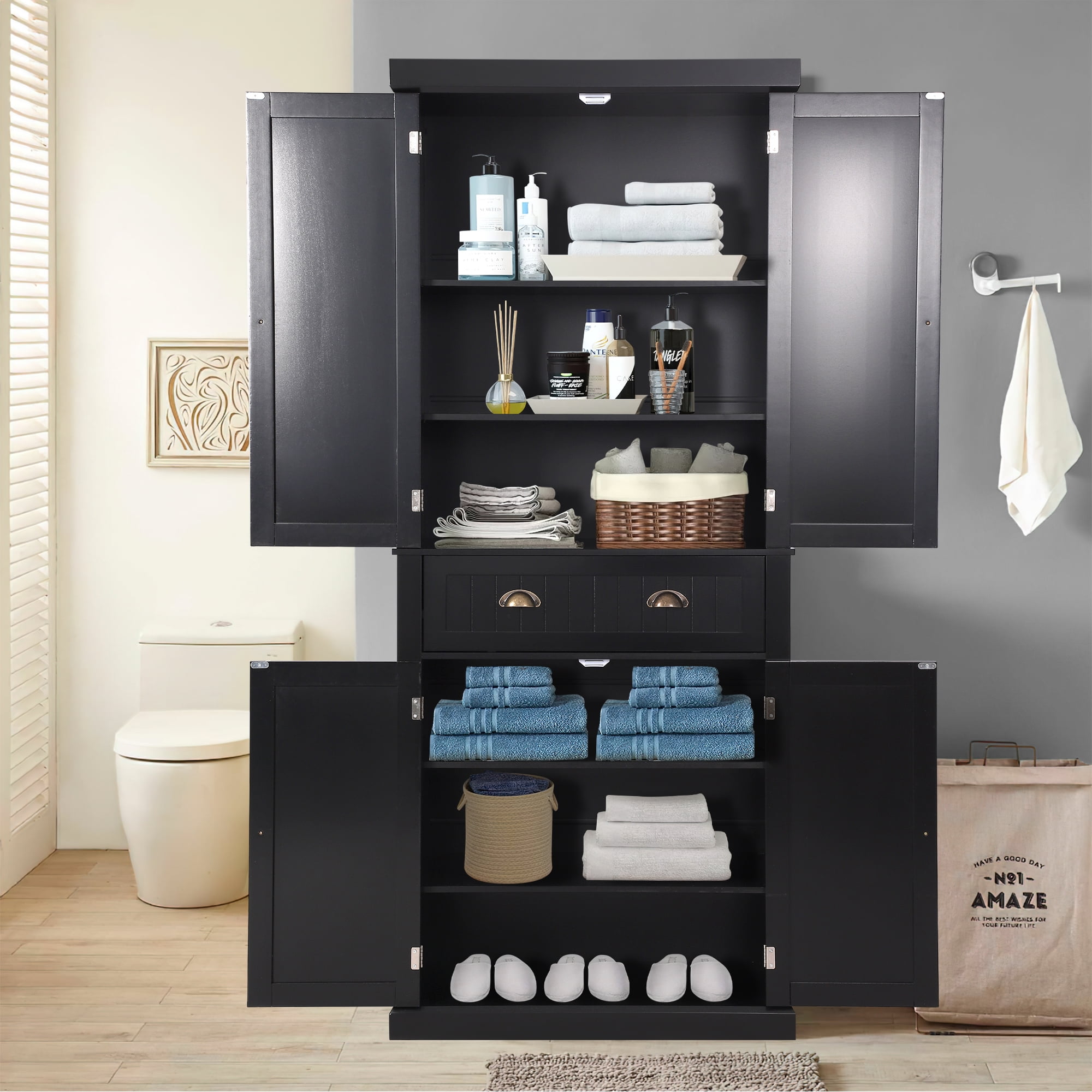 KIGOTY 72'' H Tall Kitchen Pantry with 4 Doors ,A Large Drawer Freestanding Pantry Cupboard Black Storage Cabinet for Dining Room ,Office