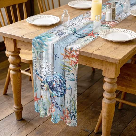 Retro Sea Turtle 10ft Cheesecloth Table Runner for Wedding 27"x120", Starfish Coral Seaweed Kitchen Dinner Sheer Tulle Chiffon Dresser Scarf, Holiday Party Decorations