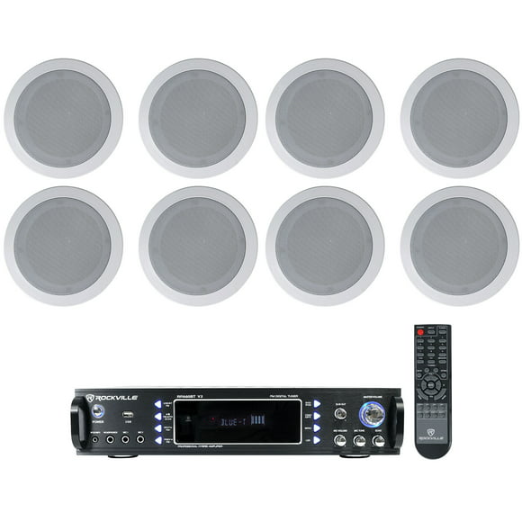 Rockville 1000w Amplifier+(8) 5.25" White Ceiling Speakers For Restaurant/Bar