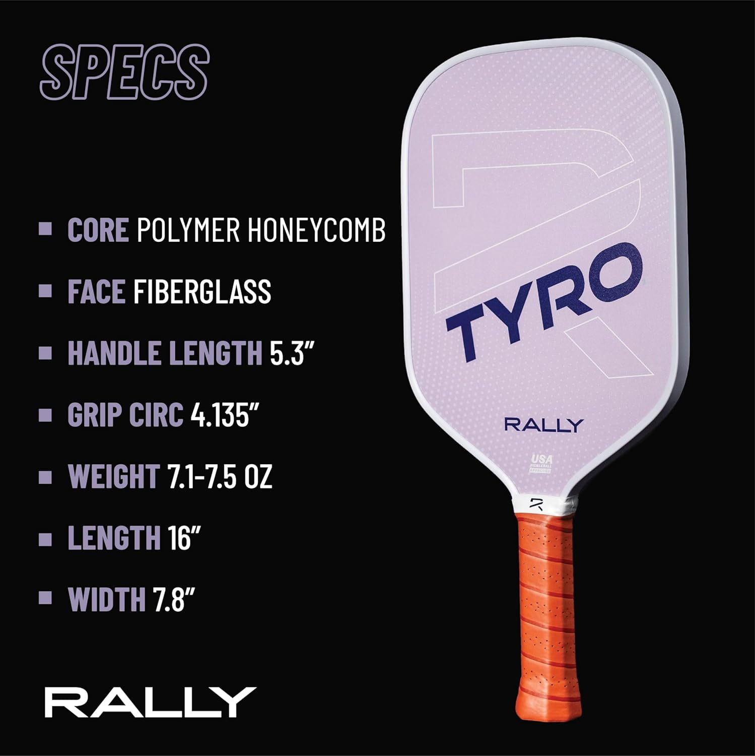 Rally Tyro 2 Pickleball Paddle, 7.0-7.5 oz, Polymer Core, 5" Handle, Purple