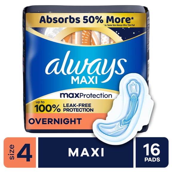 Always Maxi Overnight Pads with Wings, Size 4, Overnight, 16 Count