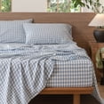 thumbnail image 6 of MooMee Gingham Sheet Set 100% Washed Cotton Linen Like Textured Extra Deep Pocket Breathable Lightweight 4-Piece (Cornflower Blue, King), 6 of 8