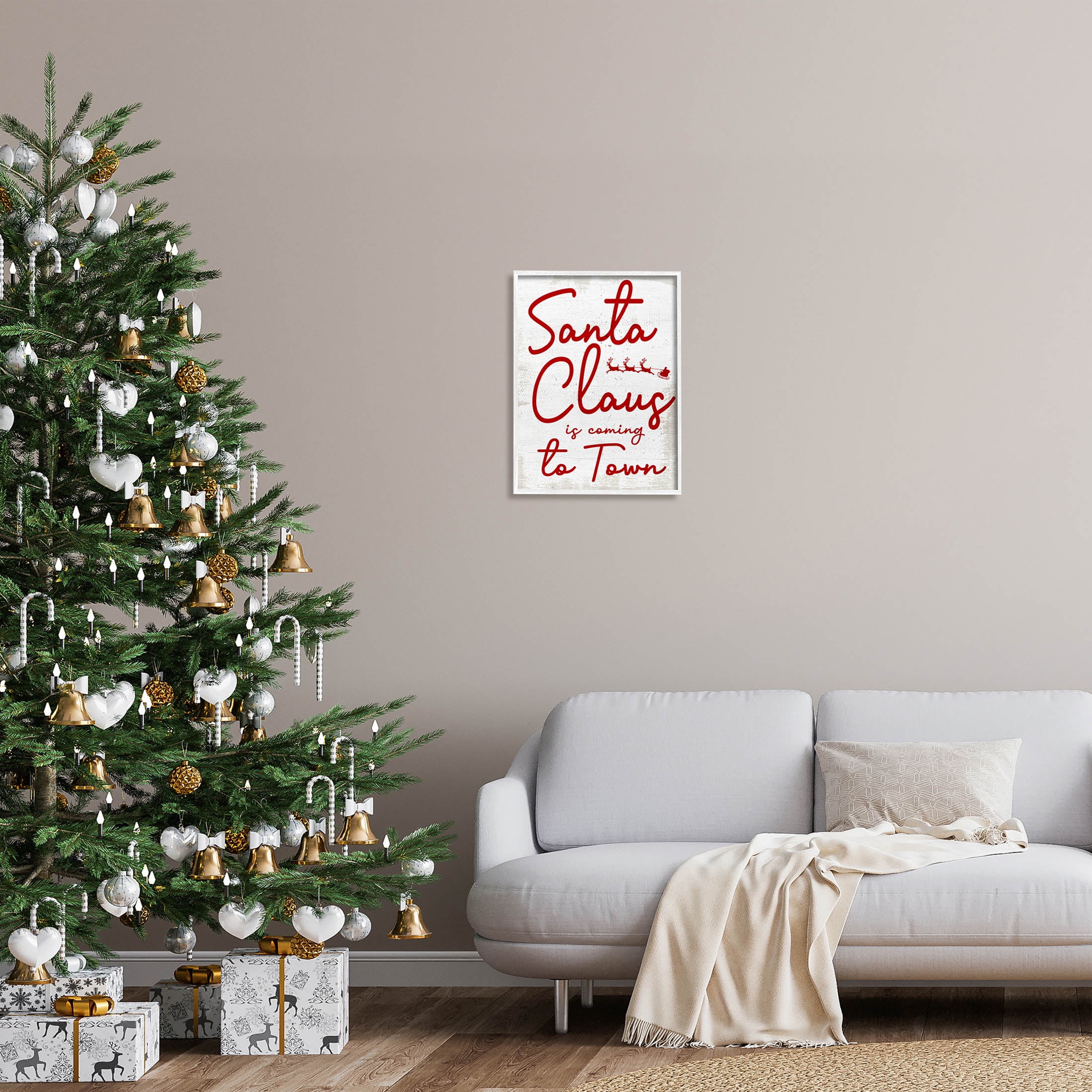Santa Claus Coming to Town Phrase Holiday Graphic Art White Framed Art Print Wall Art