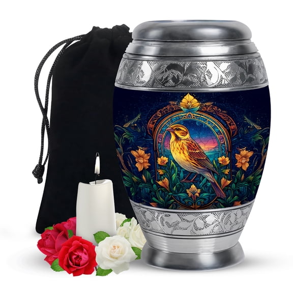 Yatskia Colorful Sparrow with Blossoms Decorative Large Funeral Urns for Human Ashes Adult Mother and Father, Cremation Urn for Ashes Adult Male, (Monar Large, 10 Inch)
