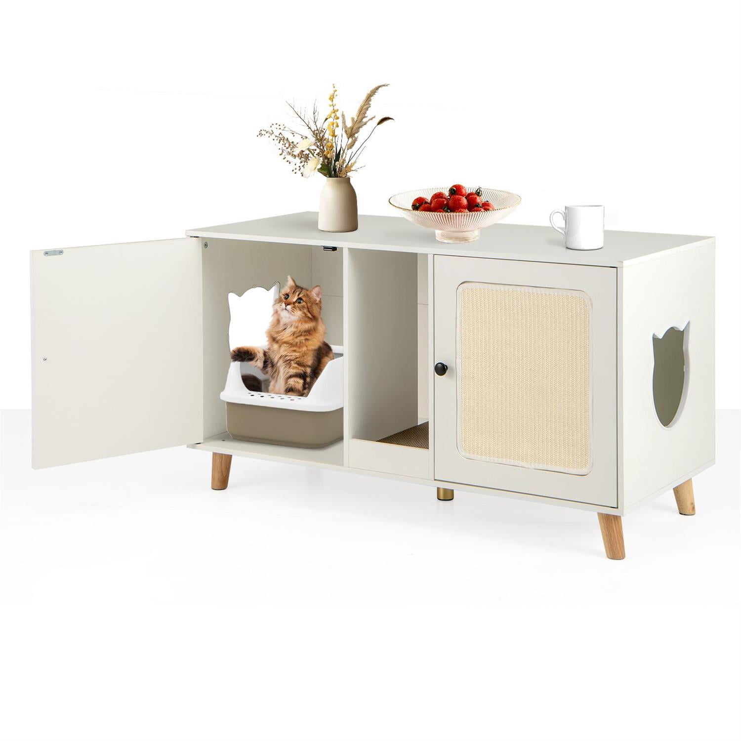Pefilos 43" Cat Litter Box Enclosure, Double Rooms & 2 Sisal Mats, Rubber Wood Legs, White