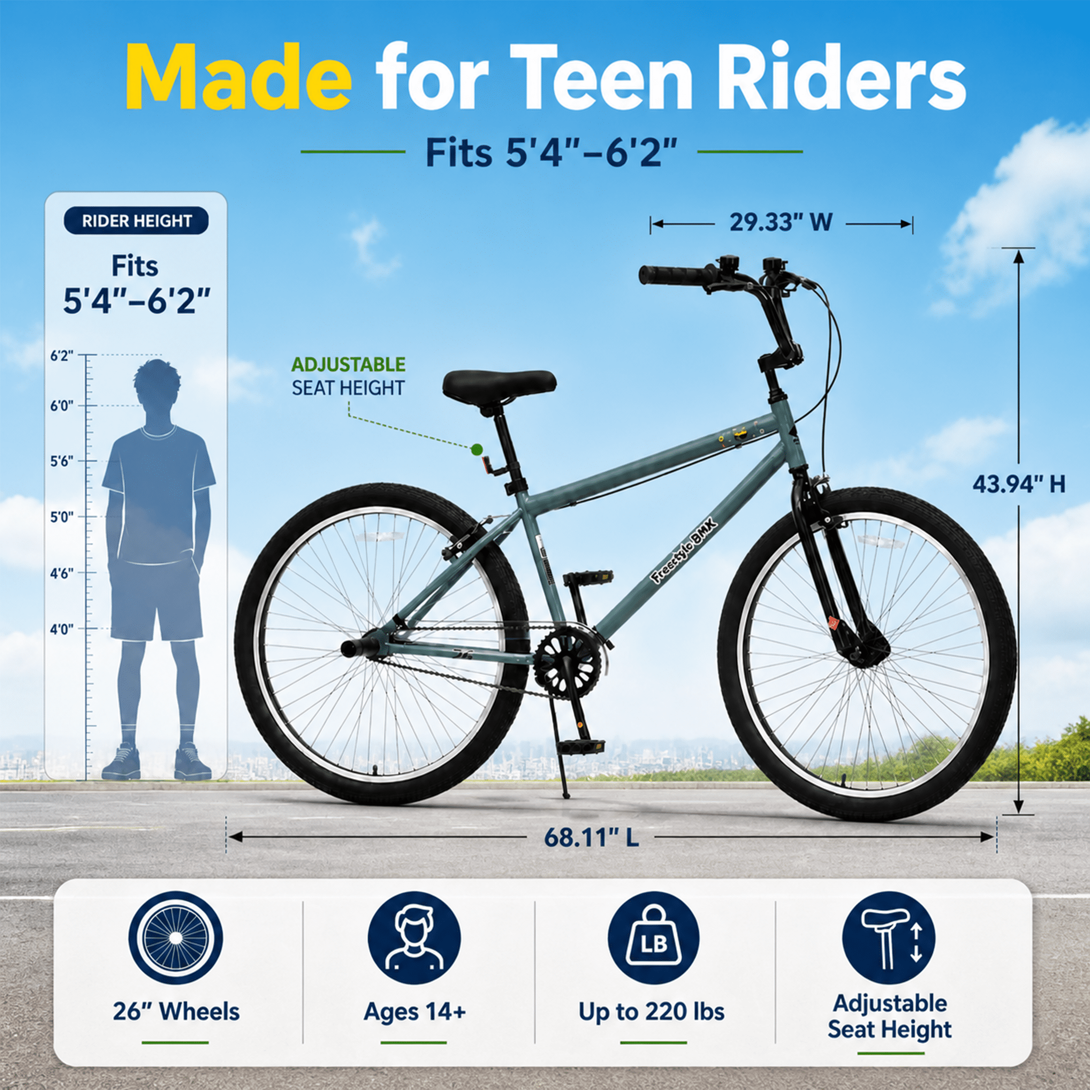 26 Inch Freestyle Bike for Teens and Adults, Single-Speed BMX Style Bicycle with 2 Pegs and High-Performance 2.35" Tires, Carbon Steel Frame Mountain Bike for Boys and Girls Ages 14+, Blue