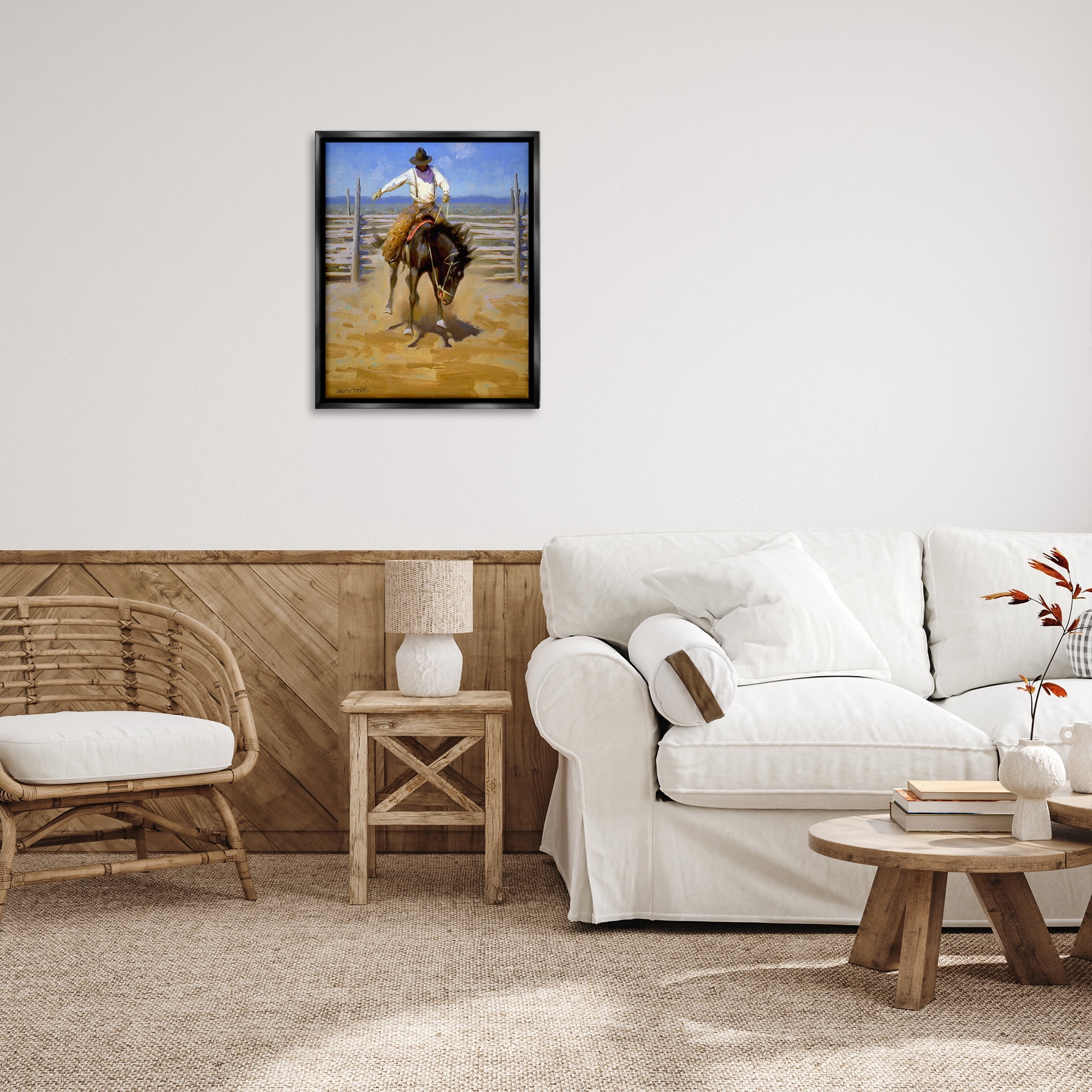 Stupell Industries Cowboy on Farm Landscape Painting Black Floater Framed Canvas Art Print Wall Art, 25 x 31