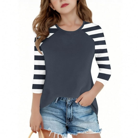LJEFF Girl 3/4 Sleeve T-Shirt, Spring Casual Crew Neck Striped Casual Tops for Girls Black Size 3