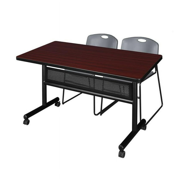48" x 30" Flip Top Mobile Training Table w/ Divider- Mahogany & 2 Stack Chairs