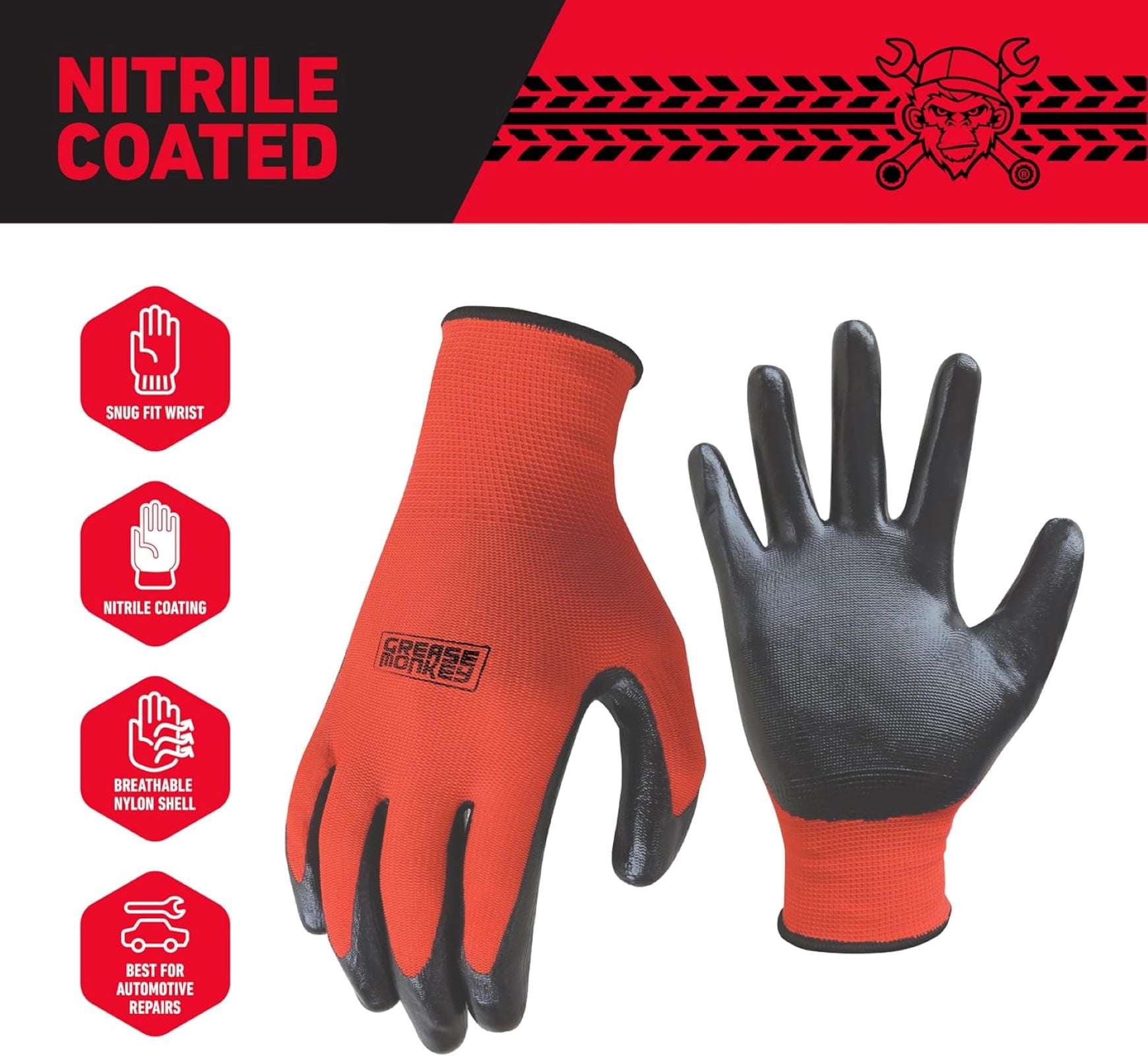 Grease Monkey Nitrile Coated Work Gloves, Red, Men's Large, 8 Pair