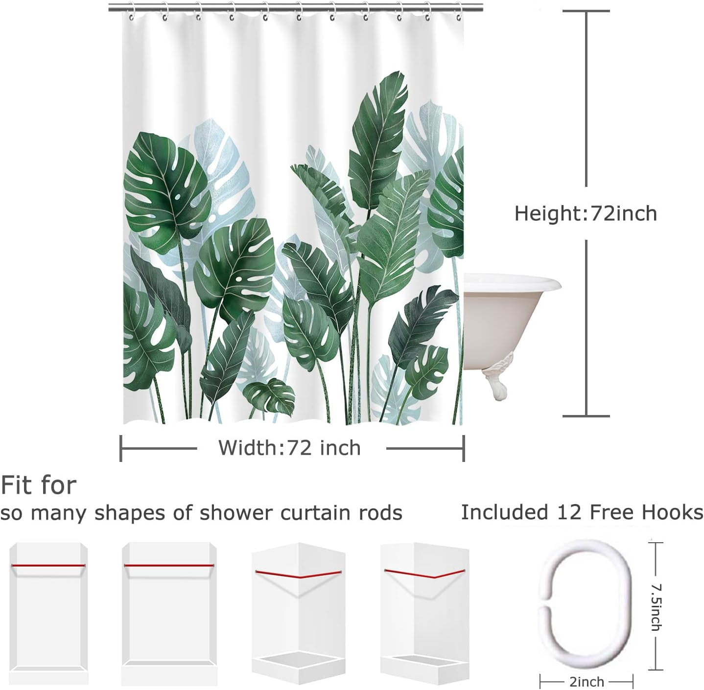 Tropical Shower Curtain, Green Shower Curtain, Plant Shower Curtain, Leaf Shower Curtain, Botanical Shower Curtain Set with 12 Hooks, Jungle Shower Curtain for Bathroom Decor, 72X84 inches