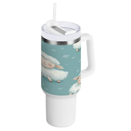 

40 Oz Car Handle Water Bottle 10.8x3.85 Inch Handle And Straw Travel Water Bottle Reusable Stainless Steel Water Bottle Cute Smiling Lamb