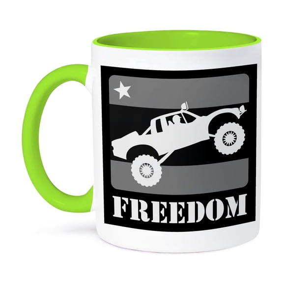 3dRose, Black and white image of a pre-runner race truck taking flight DUDE, 11oz Two-Tone Green Mug