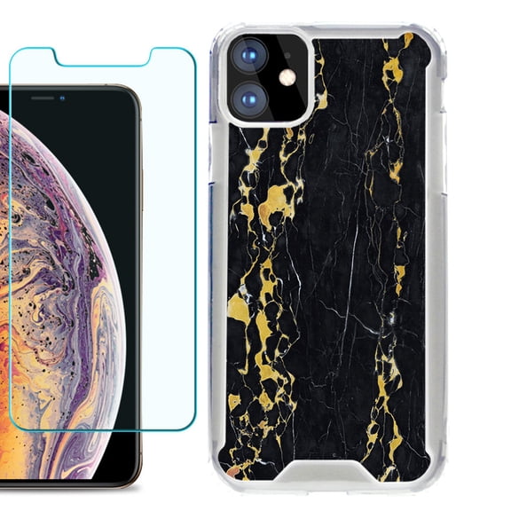 For Apple iPhone 11 Case, Hybrid Bumper Phone Case, with Tempered Glass Screen Protector, by OneToughShield ® - Marble / Gold/Black