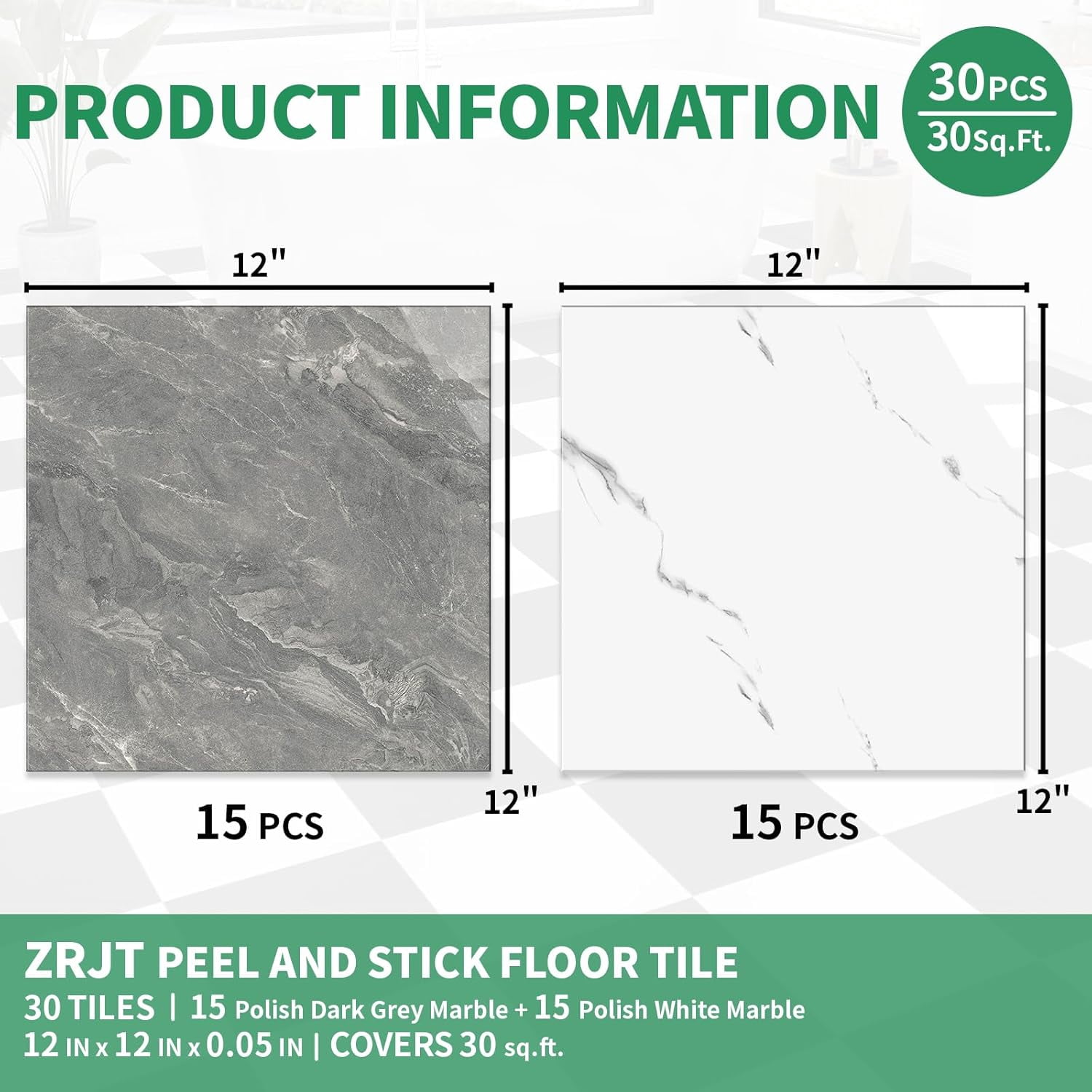 30-Pack Peel and Stick Vinyl Floor Tile Polish 12” x 12”, Self Adhesive Flooring Planks for Bathroom, Renters, Kitchen, Dark Grey&White Marble (15 per Color)