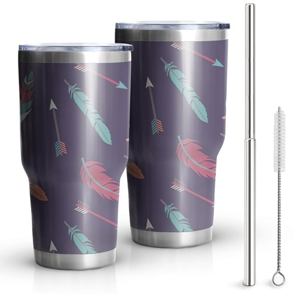 30oz Feather and Arrow Pattern Tumblers Stainless Steel Tumbler with Lid and Straw,Vacuum Insulated Double Wall Travel Tumbler Cups Mug with Cleaning Brush for Coffee,Tea