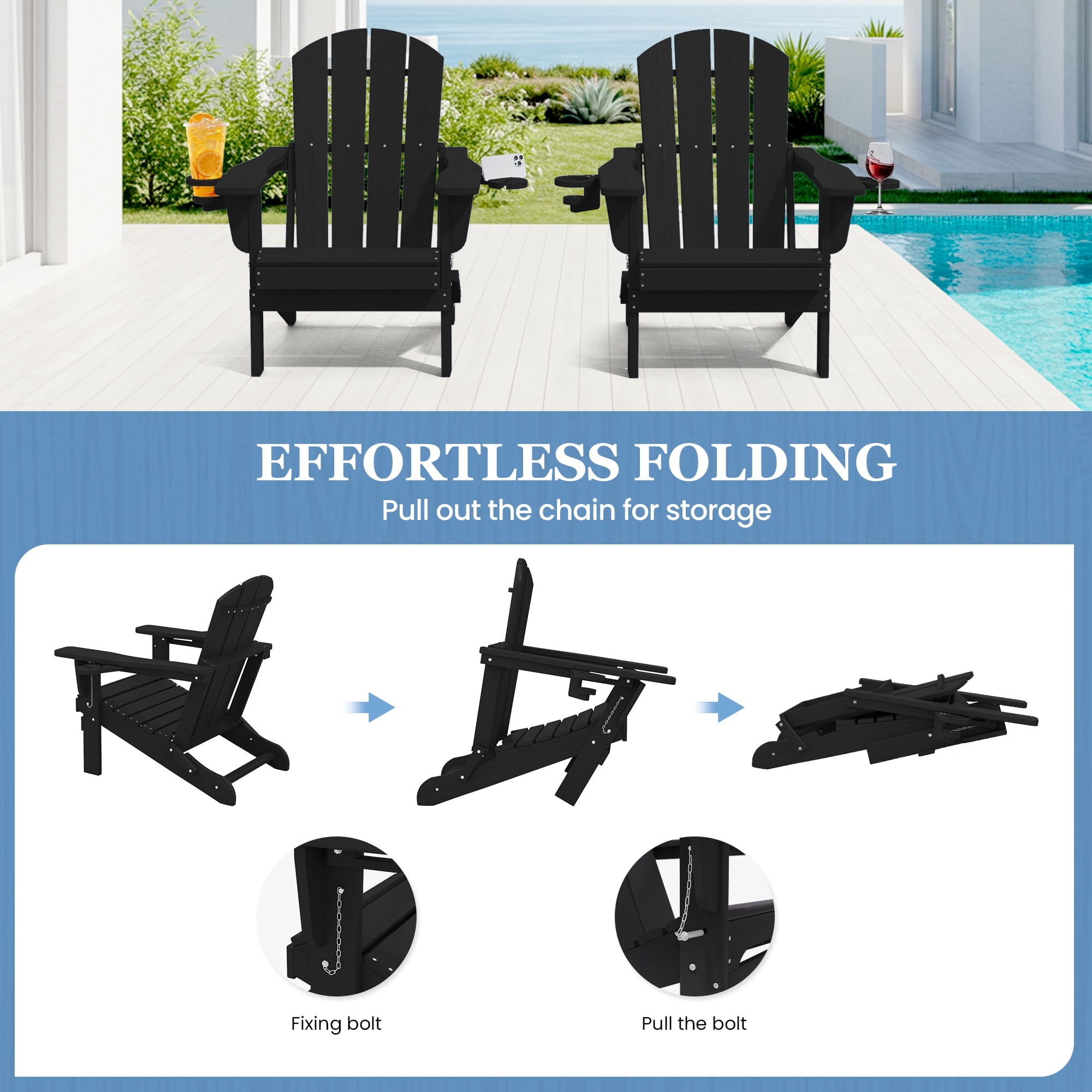 SERWALL Folding Adirondack Chair Set with Dual Cup Holders & Phone Holder, All-Weather HDPE Fire Pit Chairs for Outdoor, Patio, Poolside, Garden - Black