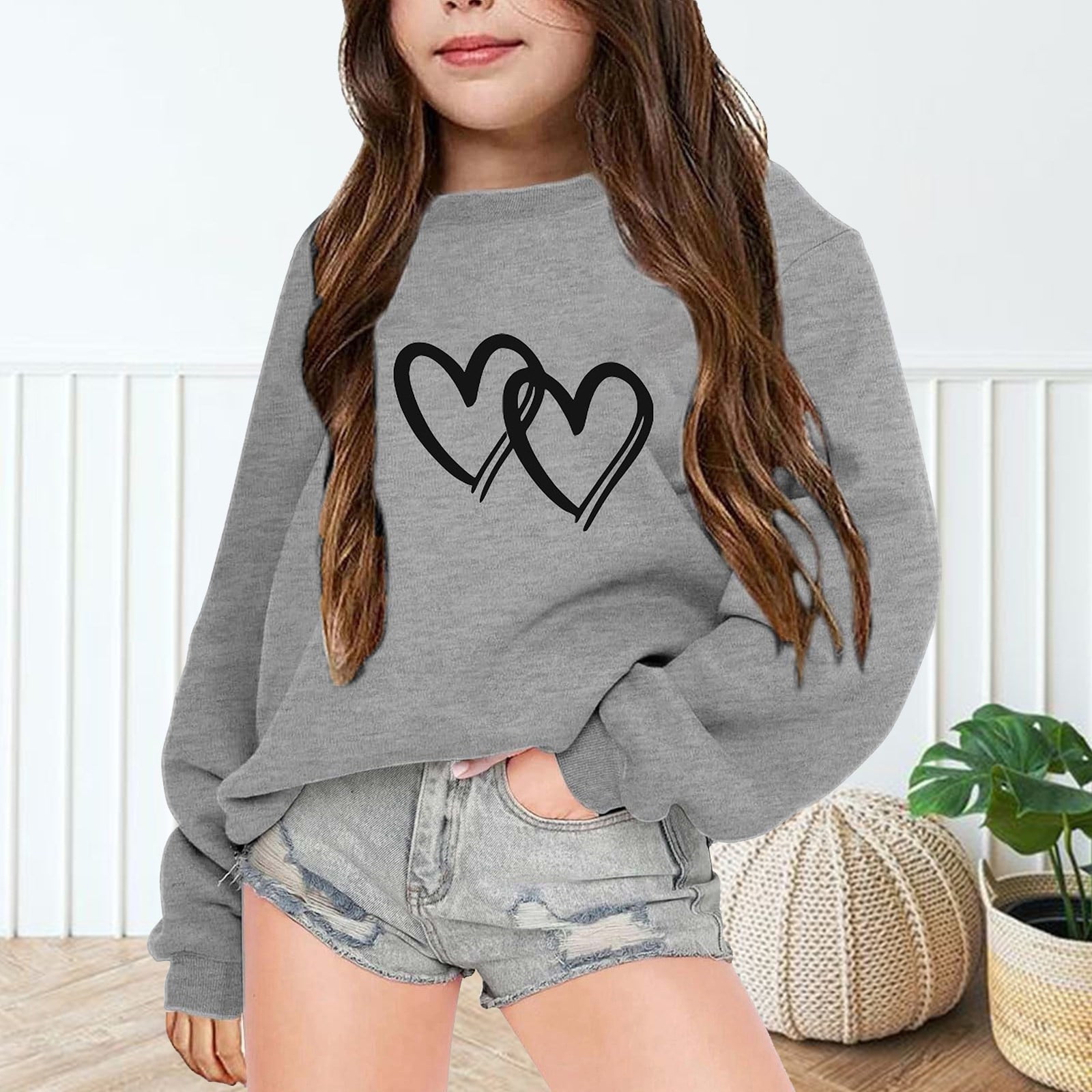 Sweatshirts for Girls 10-12 Heart Print Crew Neck Hoodies