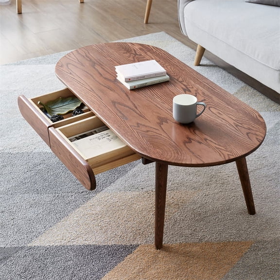Solid Wood Coffee Table with Storage Drawers, Capsule Shape Natural Wood Desk Table Study Table Work Table Writing Desk Side Table for Small Space, Home, Living Room and Office, 47"Lx22"Wx16.5"H
