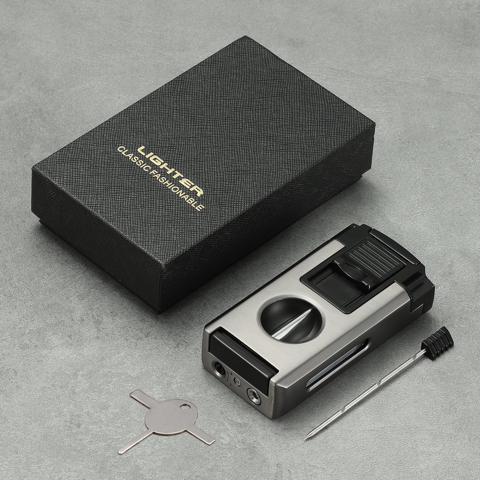 All in One Jet Flame Cigar Torch Lighter Built-in Cutter V Cut, Punch, Holder Function, Draw Enhancer Tool, Refillable and Adjustable Windproof Lighter (Sold Without Gas)