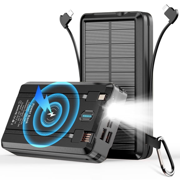 PSOOO Solar Power Bank 52800mAh Fast Charging Battery Pack with Built-in 4 Cables, Dual USB Outputs, Wireless Charging, LED Flashlight, for Cell Phone Camping and Hiking