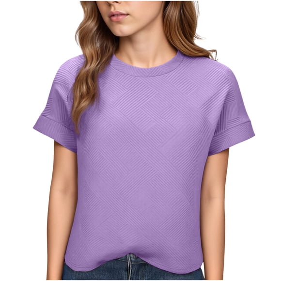 cfhntfmh Women's Tops Dressy Casual Crew Neck Short Sleeve Shirts Textured Solid Color Blouses Summer Basic Tshirt