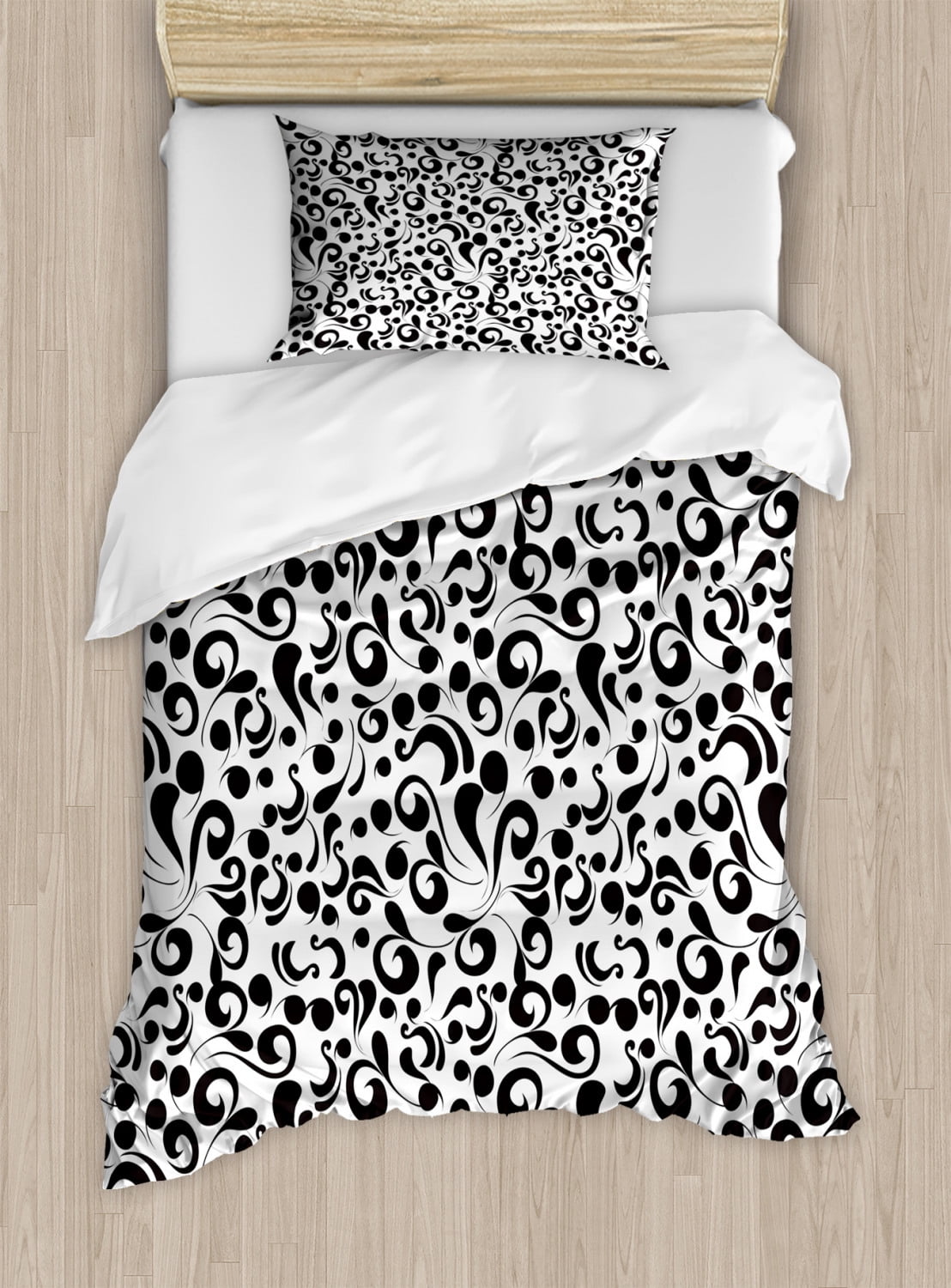 Black and White Twin Size Duvet Cover Set, Curly Lines and Swirls