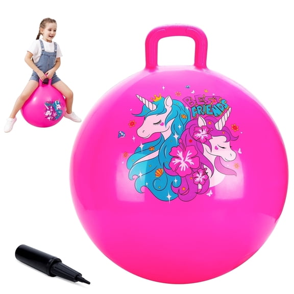 PLAYZAP Hopper Ball for Kids Age 3-6, 18 inch Inflatable Bouncy Ball with Handle, Hippity Hop Bounce Ball Toys, Balance Jumping Ball with Pump, Pink Unicorn Gift for Boys Girls