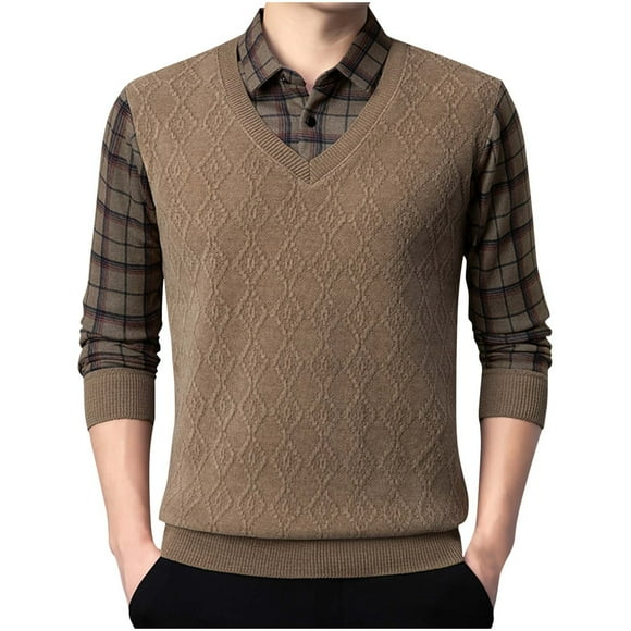 Styesk Mens Shirts Man Fashion Leisure Solid Color Hoodless Fake Two Items Sweater Long Sleeves