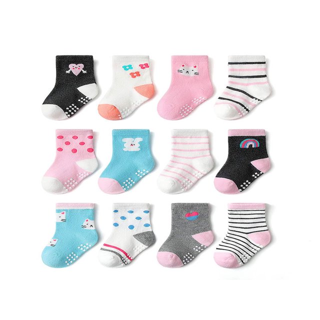 JUNWELL 12 pairs of children's cartoon mid-calf socks for girls in assorted colors, featuring breathable, non-slip designs with animal, geometric, striped, and floral patterns. Made of 90% polyester and 10% elastane, these high-stretch socks are soft and suitable for ages 6 months to 8 years.